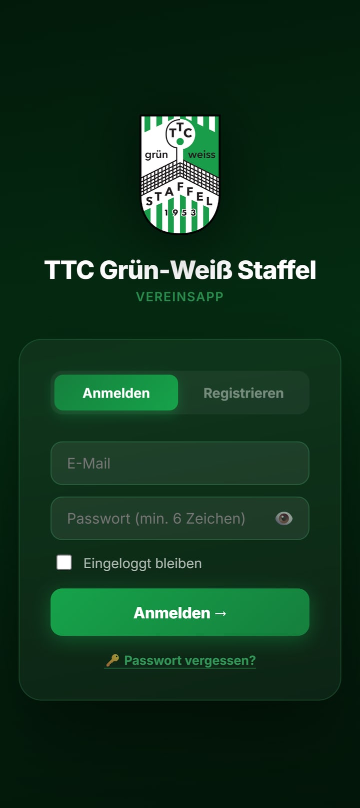 Anmeldeseite der TTC-App mit Vereinswappen, Anmelden und Registrieren